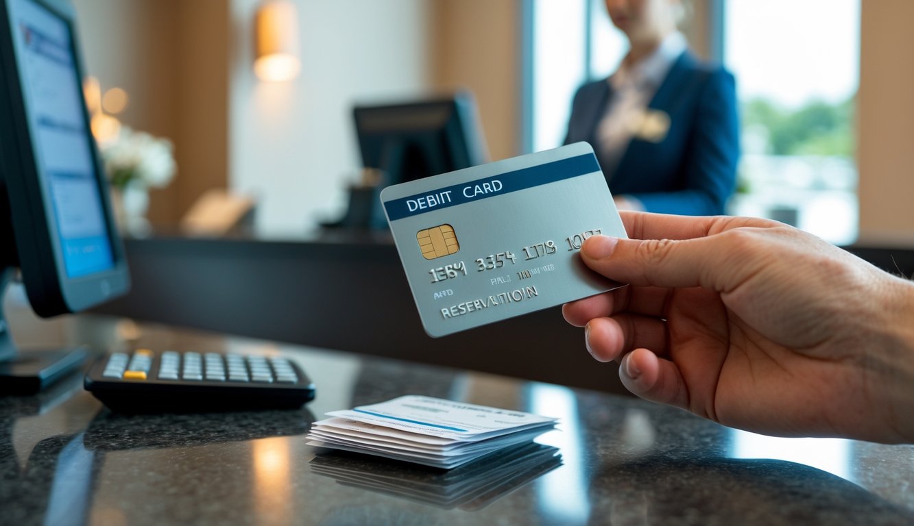 A person holding a debit card at a hotel reception desk with a clerk and receipts on the counter.