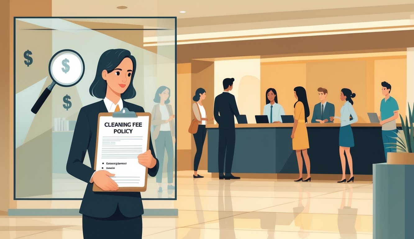 A hotel lobby with a receptionist holding a clipboard and travelers checking in, with subtle hints of hidden cleaning fee documents behind glass.