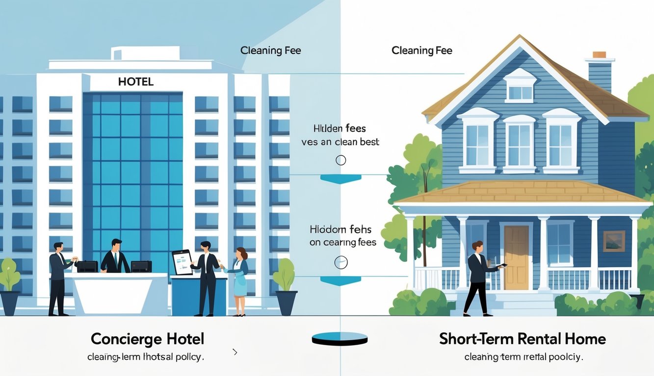 A split scene showing a hotel lobby with a receptionist and a guest on one side, and a short-term rental home with a host and guest on the other, highlighting differences in cleaning fee visibility.