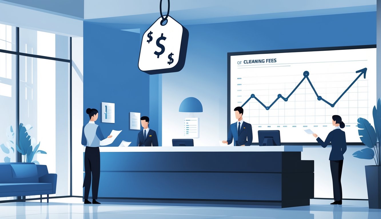A hotel lobby with staff at the reception desk, a price icon with cleaning symbols above, and a faint chart showing changing hotel rates in the background.