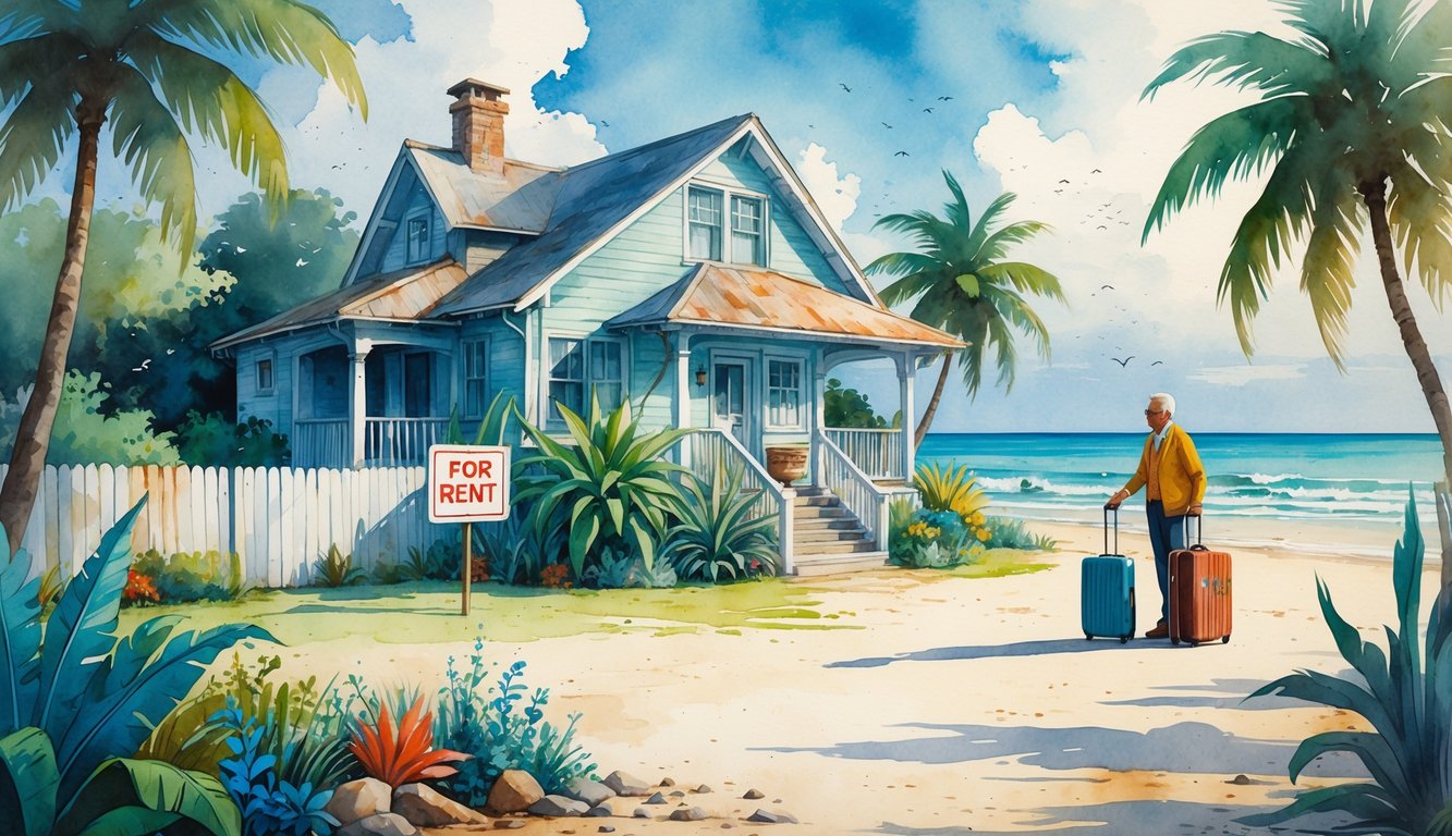 A beachside house with a for rent sign, a concerned local talking to a traveler holding a suitcase, near tropical plants and calm ocean.