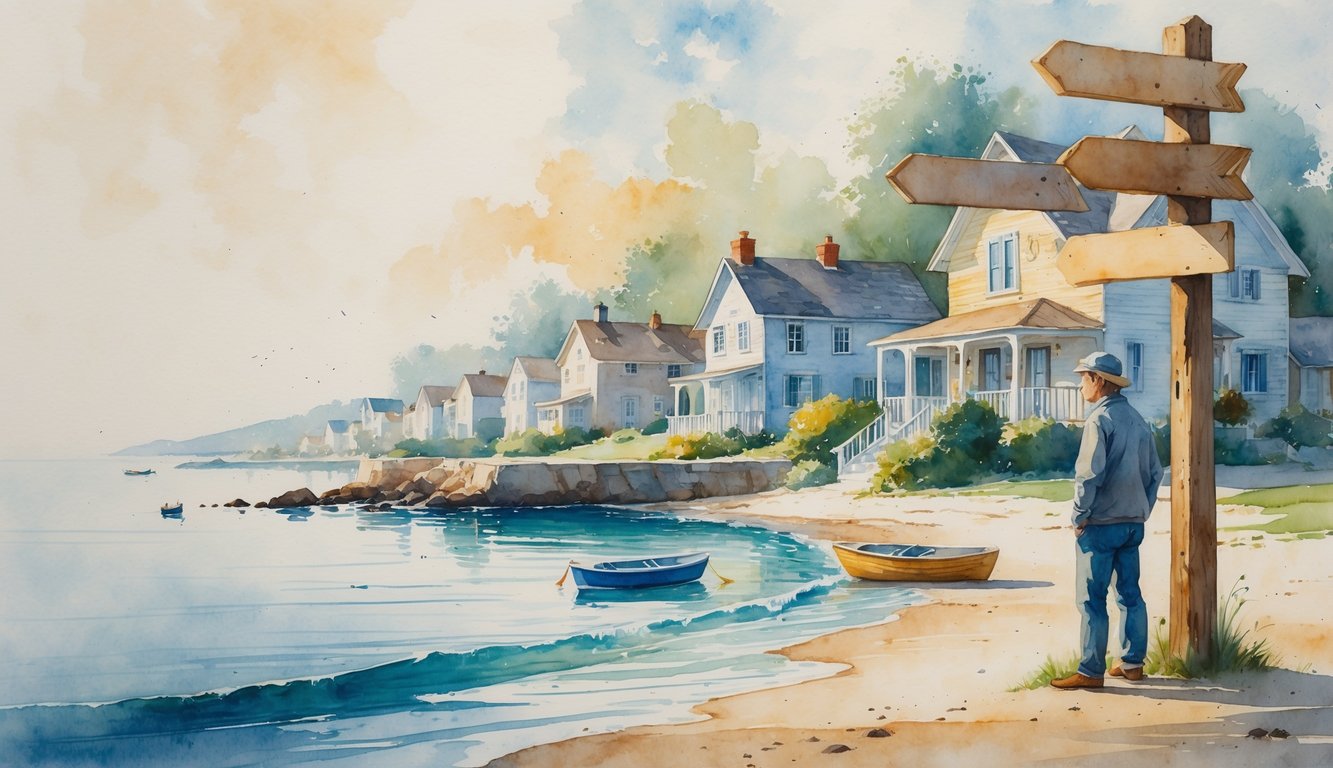 A coastal scene with seaside cottages and a local person standing near a wooden signpost, with faint shadows in the background suggesting hidden dangers.