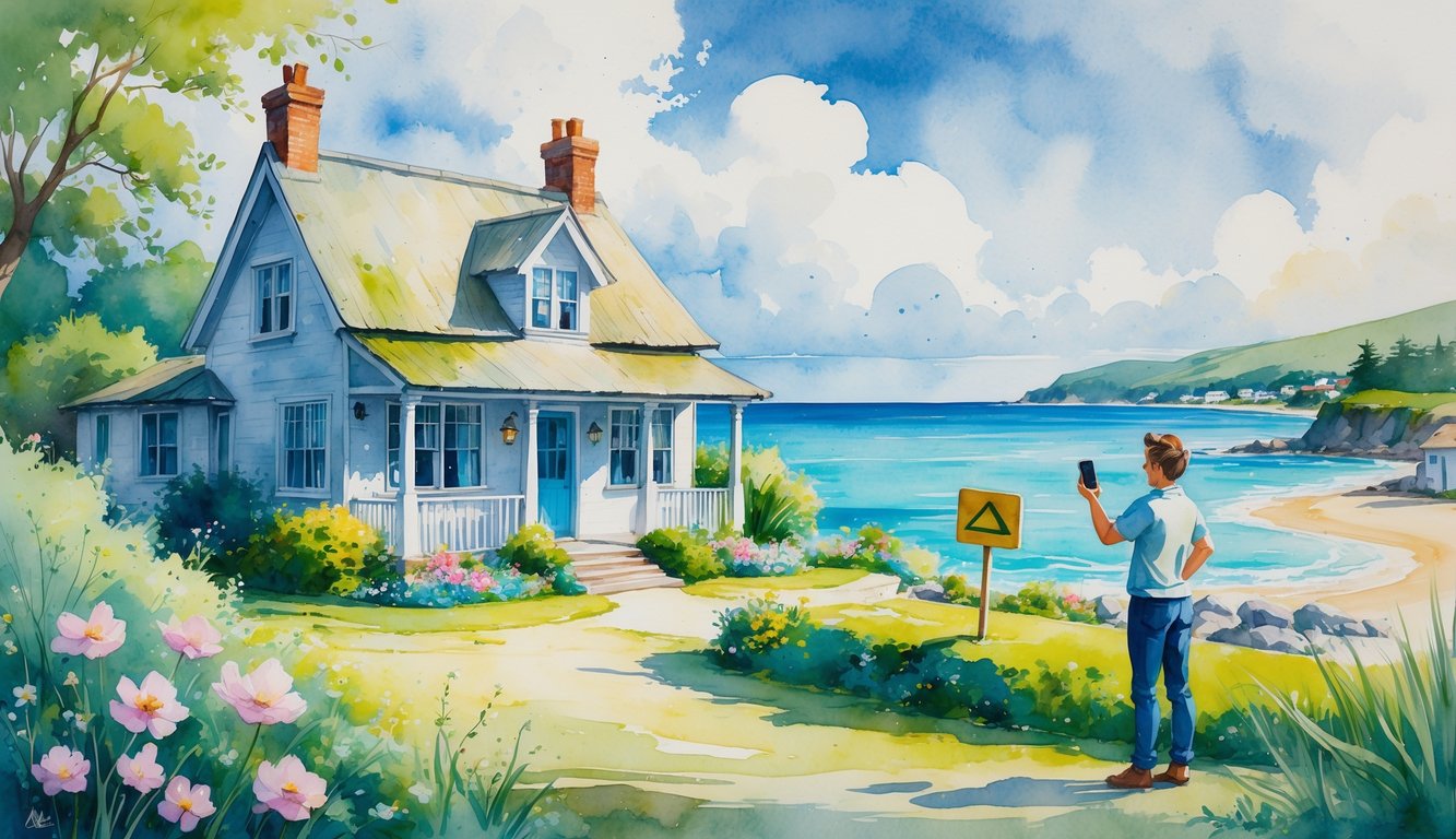 A traveler looking at a smartphone near a seaside cottage while a local warns them, with the ocean and other homes in the background.