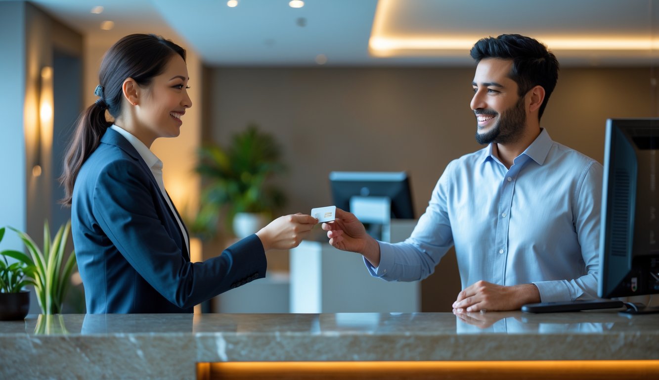 A hotel front desk staff member discreetly handing a keycard to a guest at the reception counter.