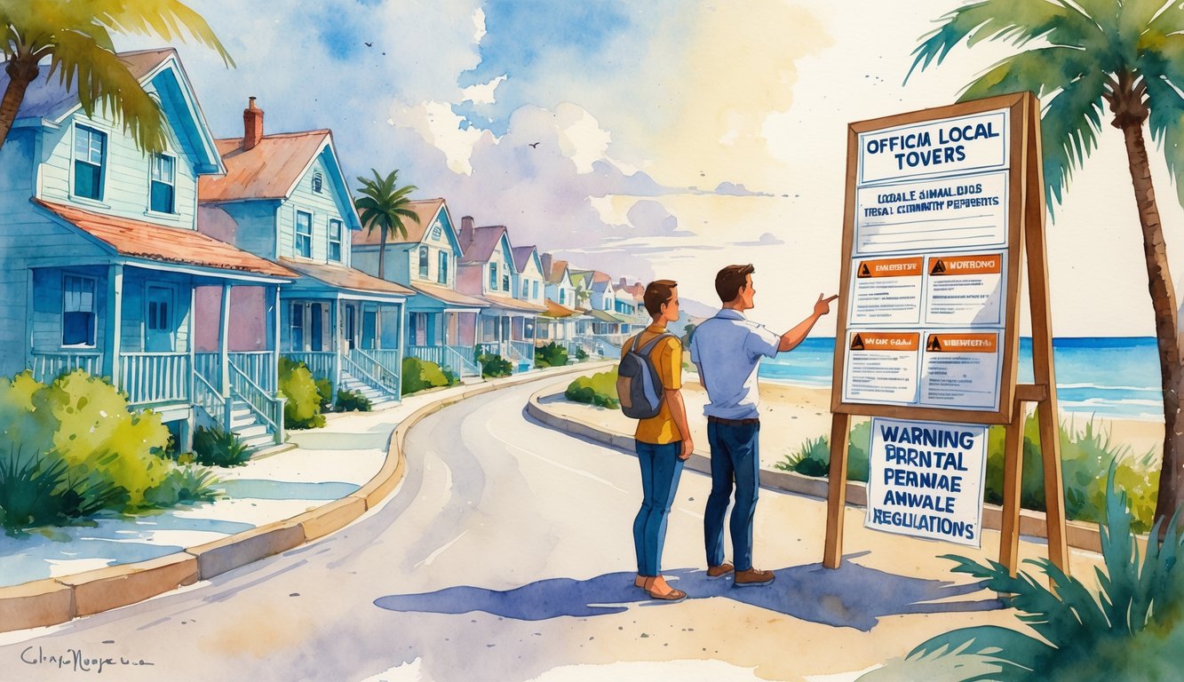 A coastal town with vacation rental houses, a local person warning a tourist near a notice board, with beach and ocean in the background.