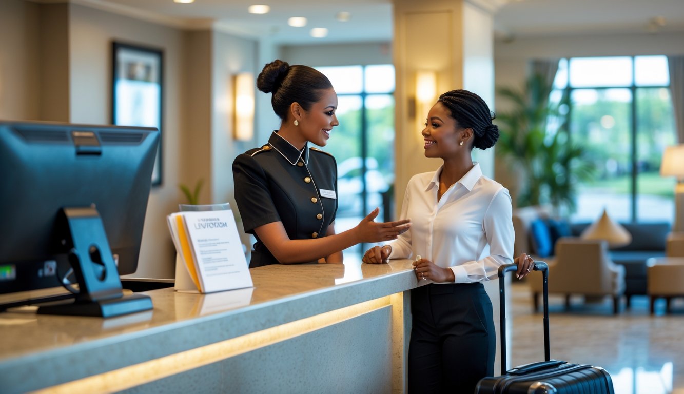 A hotel front desk staff member discreetly sharing information with a guest in a modern hotel lobby.