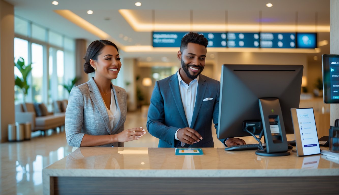 Hotel front desk staff assisting an early arriving guest in a modern hotel lobby.