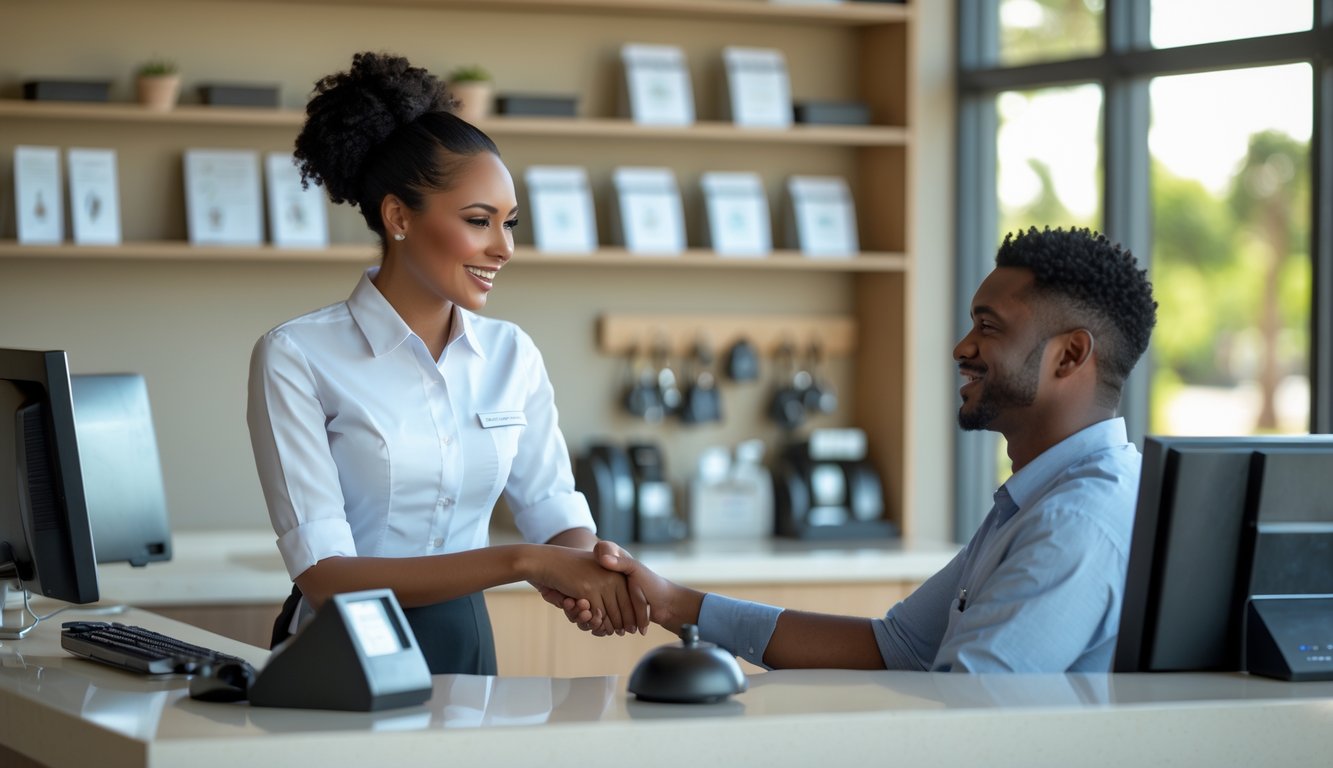 Hotel front desk staff warmly assisting a guest in a modern hotel lobby.