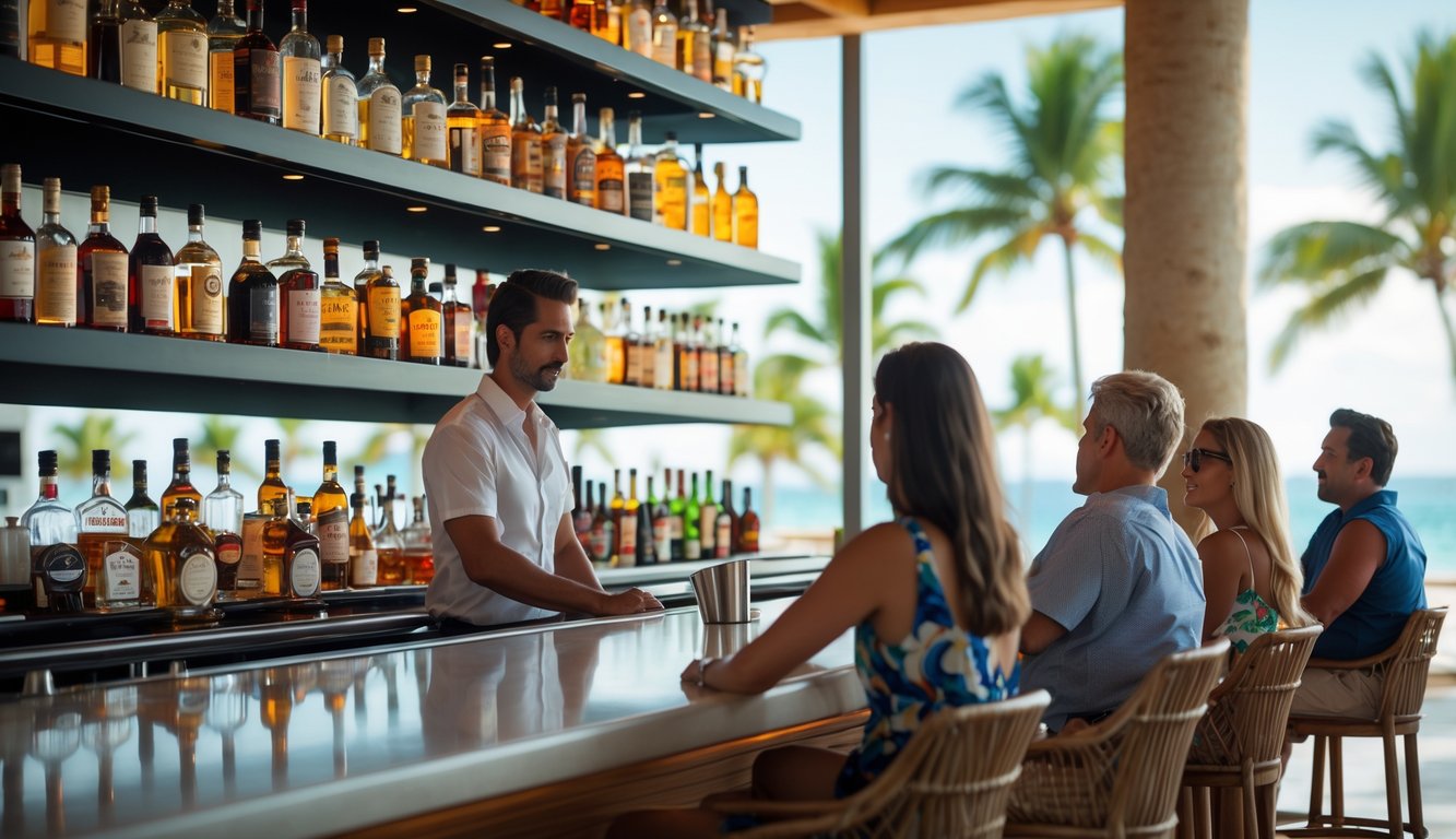 Bartender at a resort bar looking at a limited selection of alcohol bottles while guests sit nearby with curious expressions, tropical scenery visible outside.
