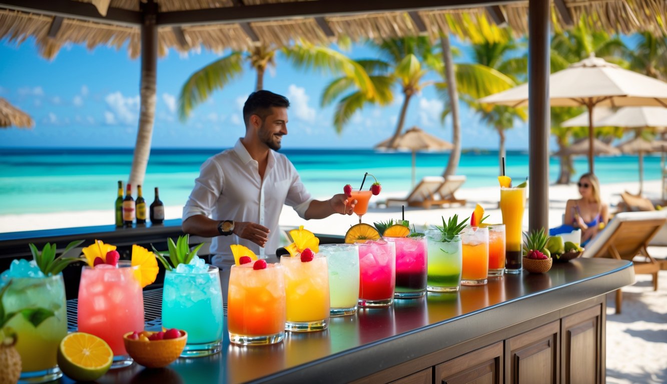 Outdoor bar at an all-inclusive resort with tropical drinks, a bartender serving guests, and a beach with palm trees in the background.