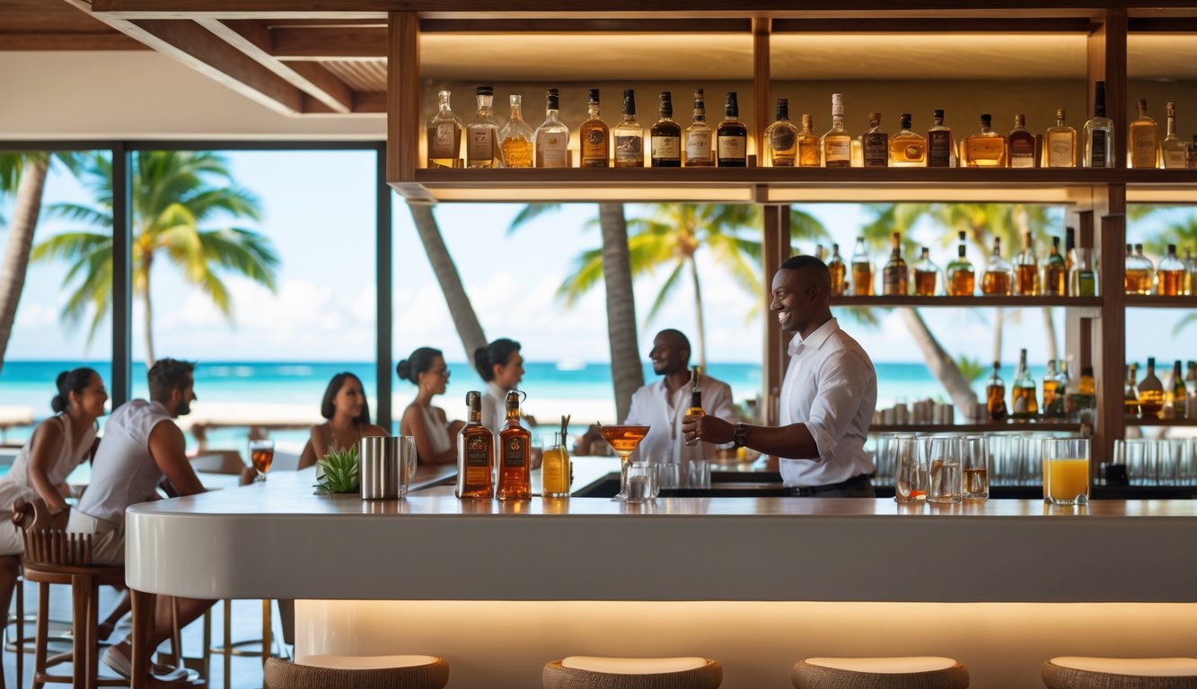 A bartender serving guests at a modern resort bar with a limited selection of drinks and a tropical beach visible through large windows.