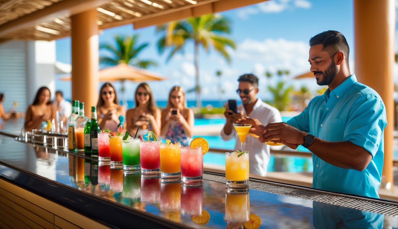 A resort bar with a bartender serving drinks to guests, some drink options are missing, and guests are using smartphones in a tropical setting.