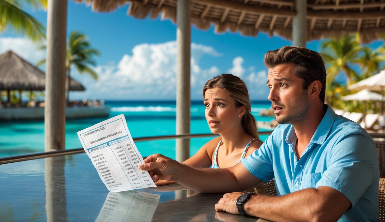 A couple sitting at a resort lounge reviewing a vacation bill with concerned expressions, with a tropical beach and resort in the background.