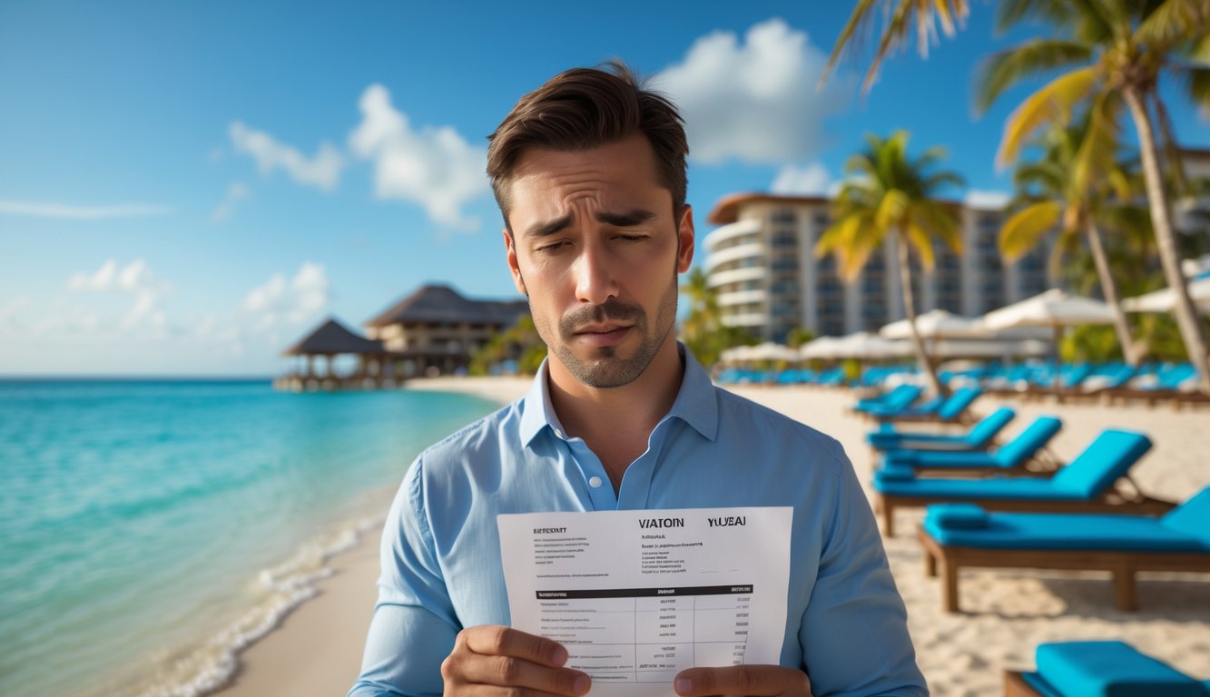 A person reviewing a vacation bill at a tropical beach resort with lounge chairs, palm trees, and a resort building in the background.