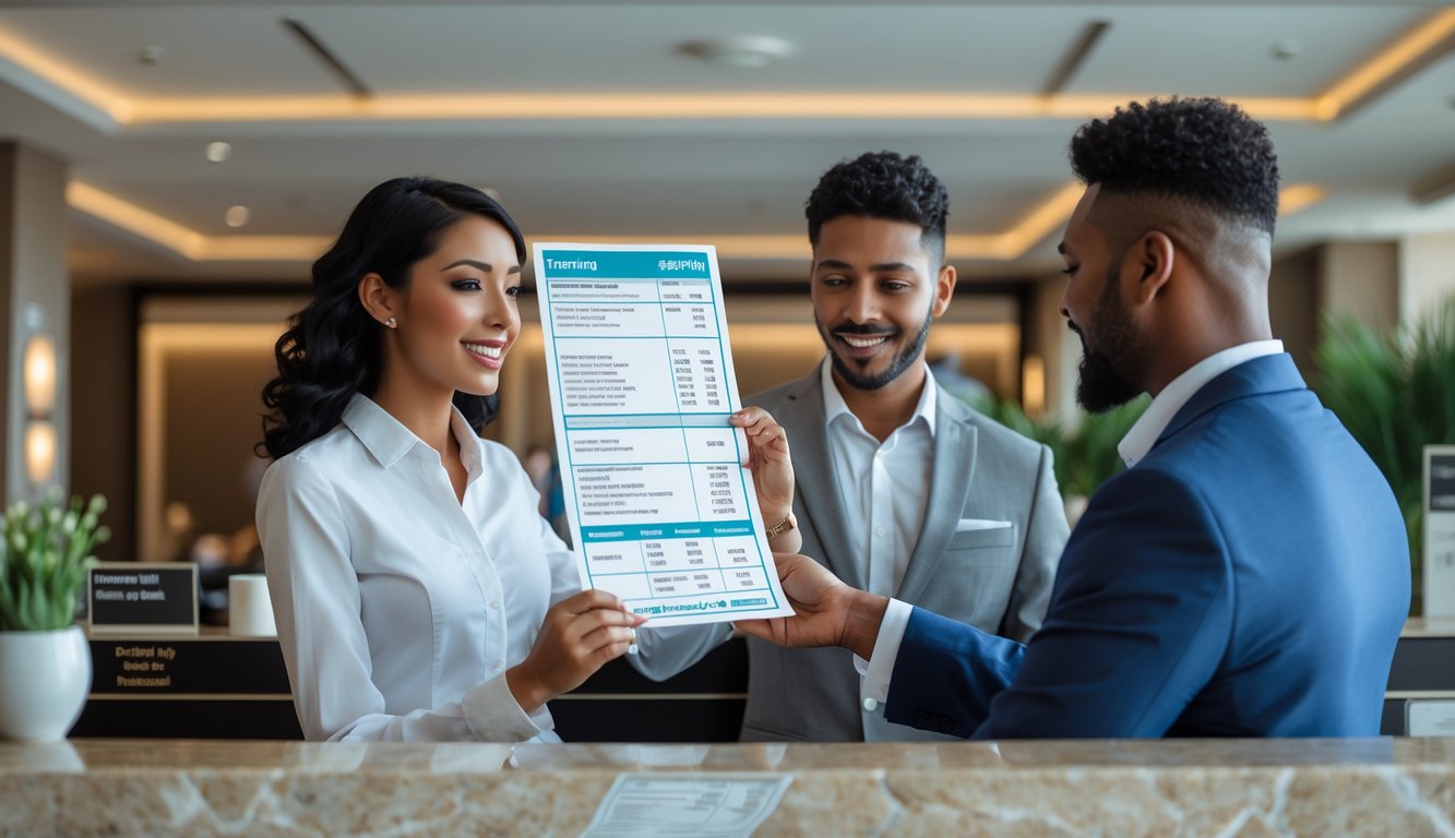A couple at a hotel reception desk reviewing an itemized bill with a receptionist in a modern hotel lobby.