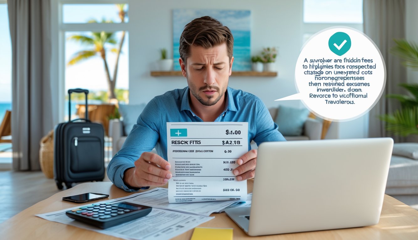 A traveler sitting at a table in a vacation rental, looking concerned while reviewing bills and using a calculator.