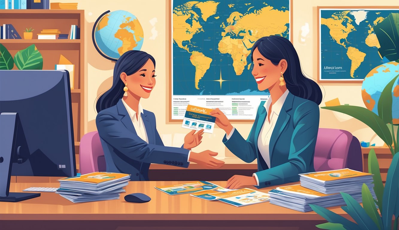 Two travel agents quietly giving special travel documents to a happy returning customer inside a travel agency office.