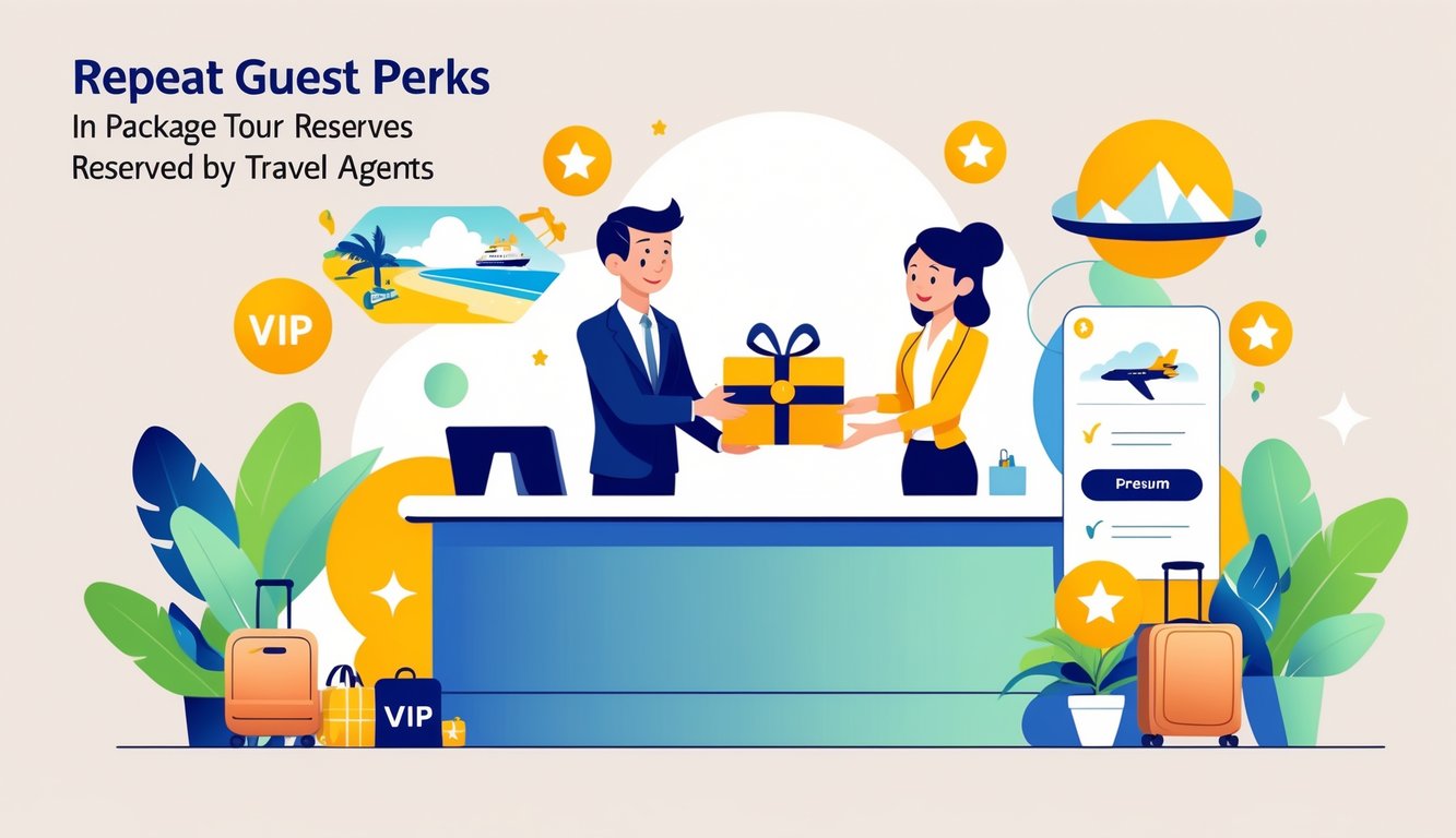 A travel agent gives a returning traveler a special gift at a travel agency desk, with travel-related icons like a VIP luggage tag and boarding pass around them.