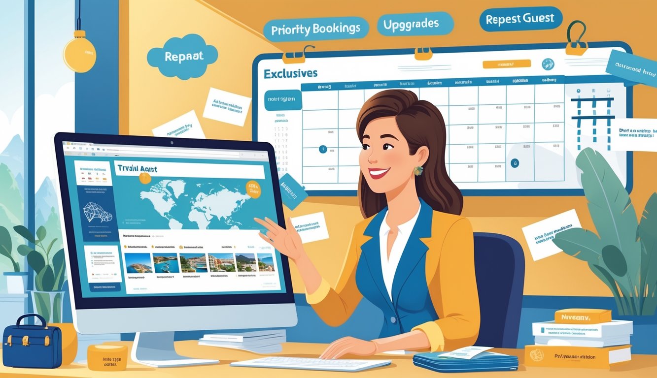 A travel agent warmly interacting with a returning guest in an office filled with travel materials and screens showing exclusive tour perks.
