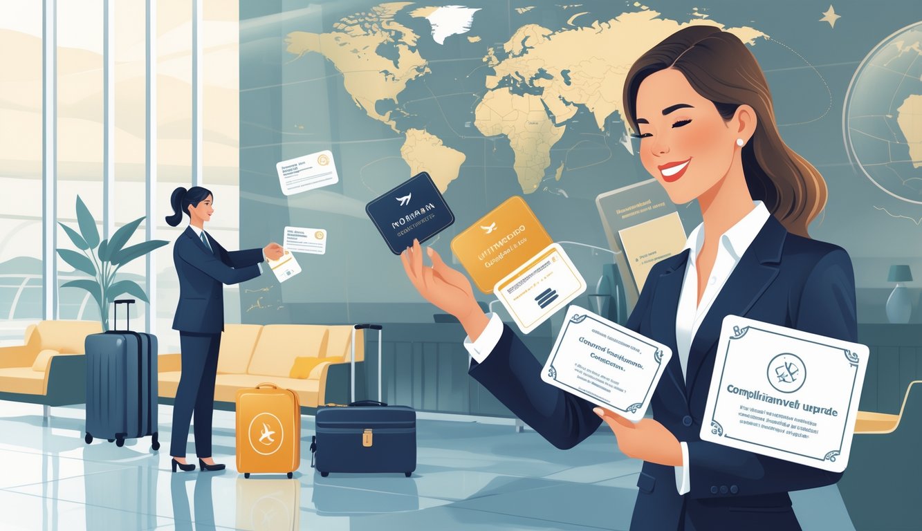 A travel agent quietly giving exclusive travel perks to a happy repeat guest in an airport lounge.