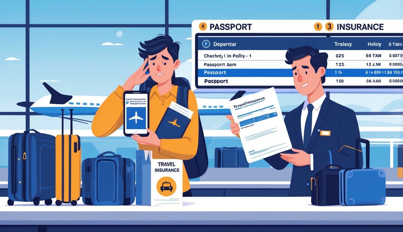 A worried traveler at an airport counter receiving a travel insurance policy from an agent while holding a phone and passport, with luggage and a departure board in the background.