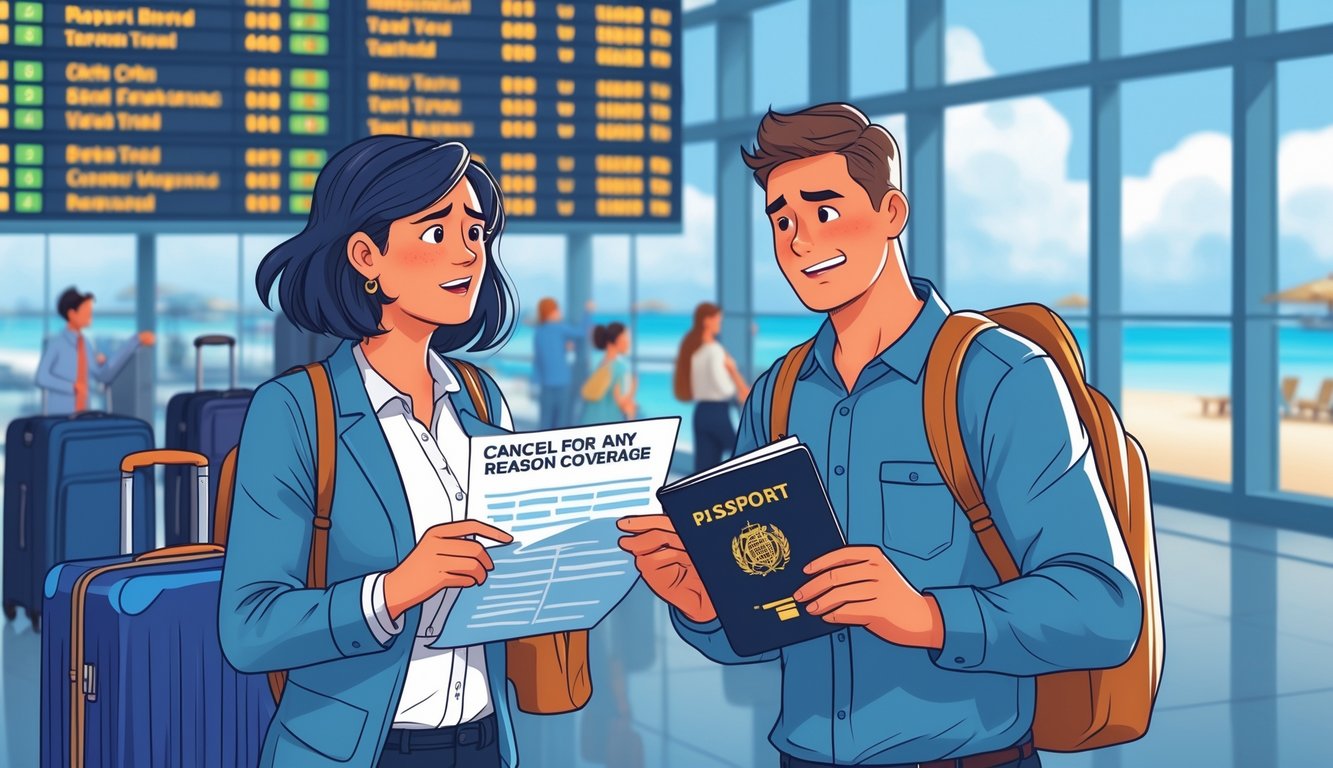 A traveler at an airport looks worried while an insurance agent explains a travel insurance policy, with suitcases and a clock in the background.