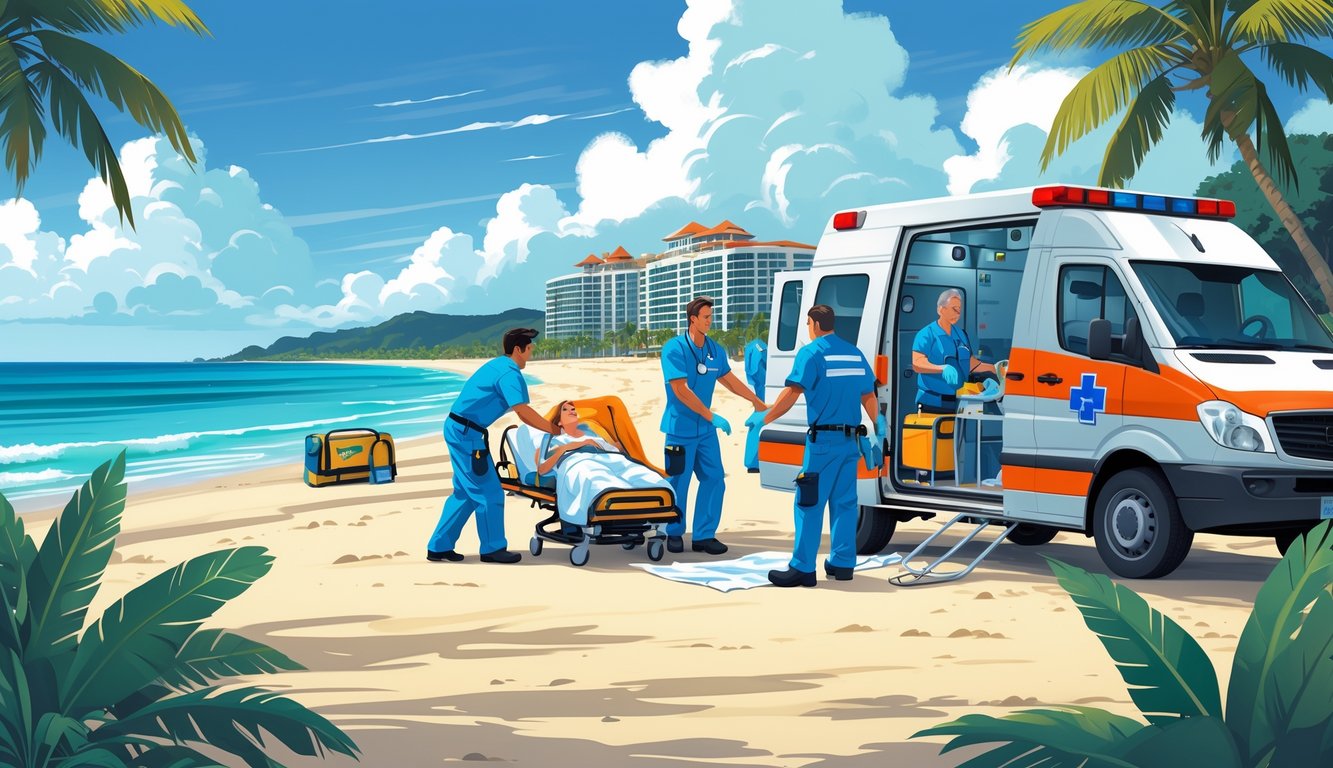 A traveler receiving urgent medical help from paramedics near a beach resort with an ambulance ready for evacuation.