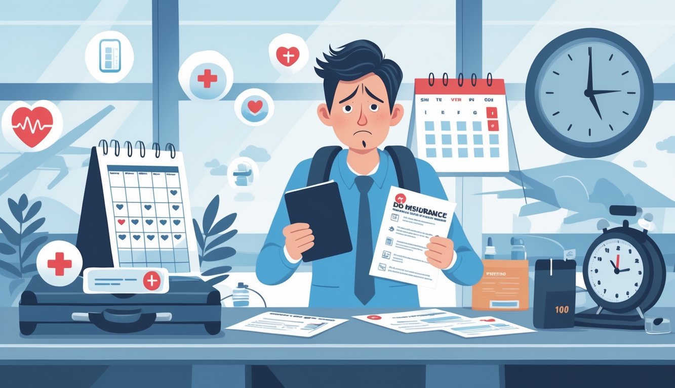 A worried traveler at an airport counter holding travel documents, surrounded by symbols of medical conditions and a calendar showing late booking.