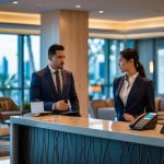 A traveler talks to a hotel receptionist at a modern luxury hotel lobby with a city view outside.