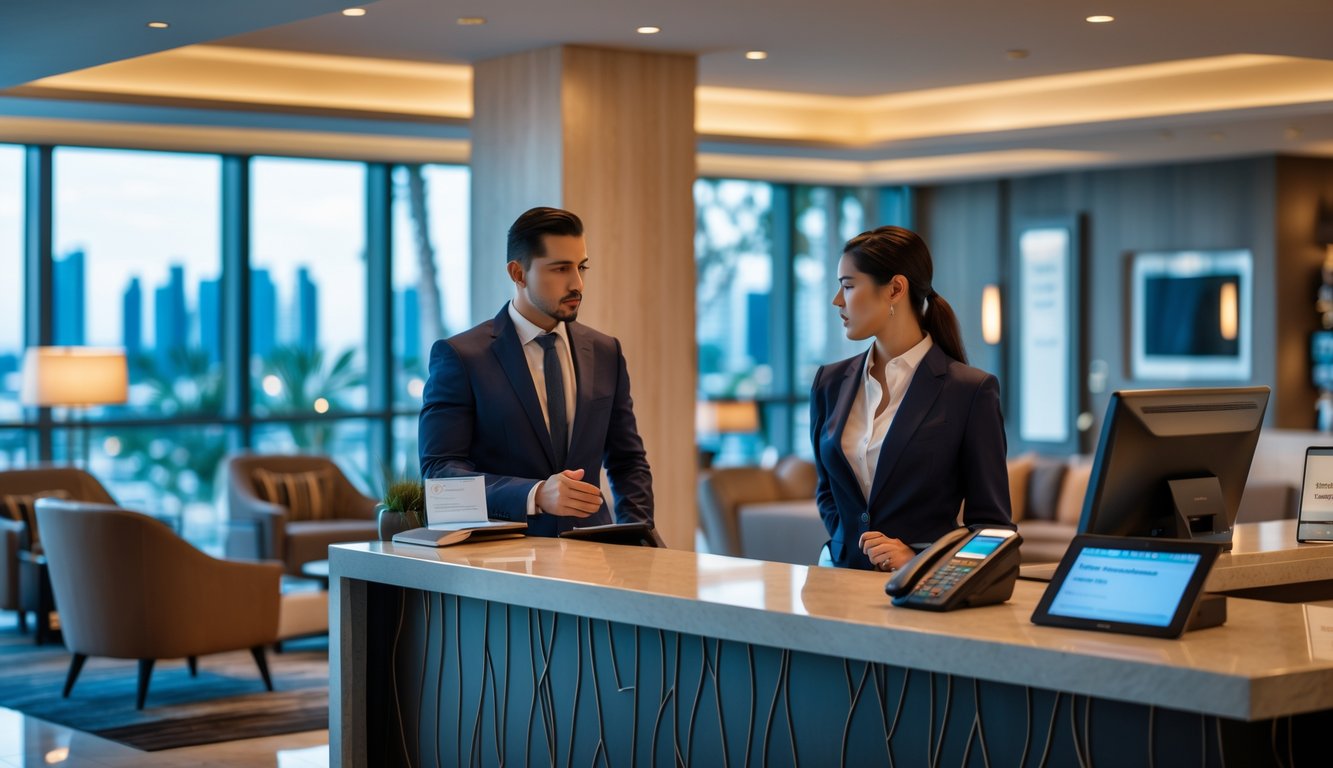 A traveler talks to a hotel receptionist at a modern luxury hotel lobby with a city view outside.