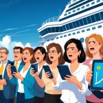 Cruise passengers on a ship's deck reacting with surprise and frustration while checking their devices, with a staff member showing a rising price chart.