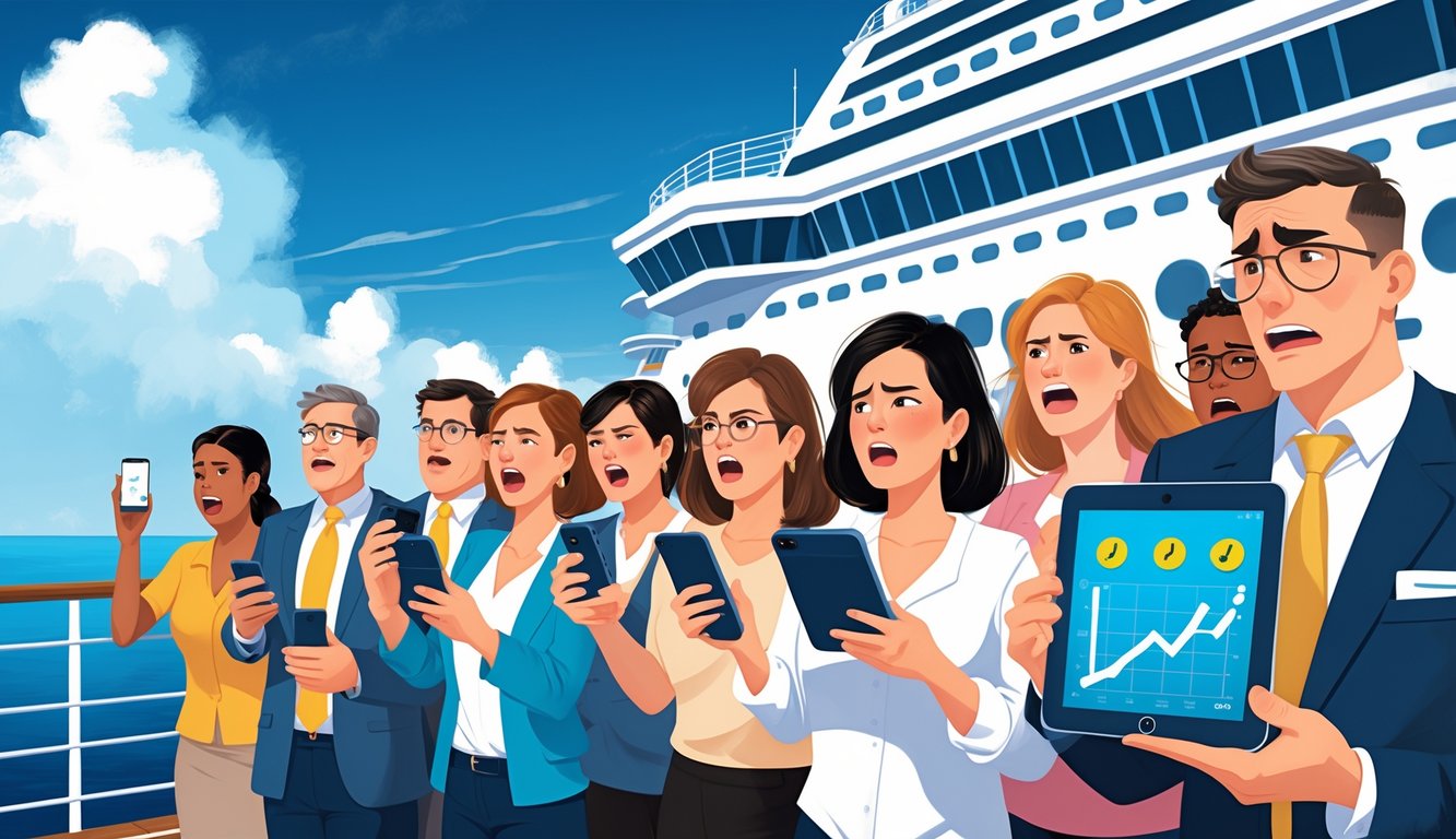 Cruise passengers on a ship's deck reacting with surprise and frustration while checking their devices, with a staff member showing a rising price chart.