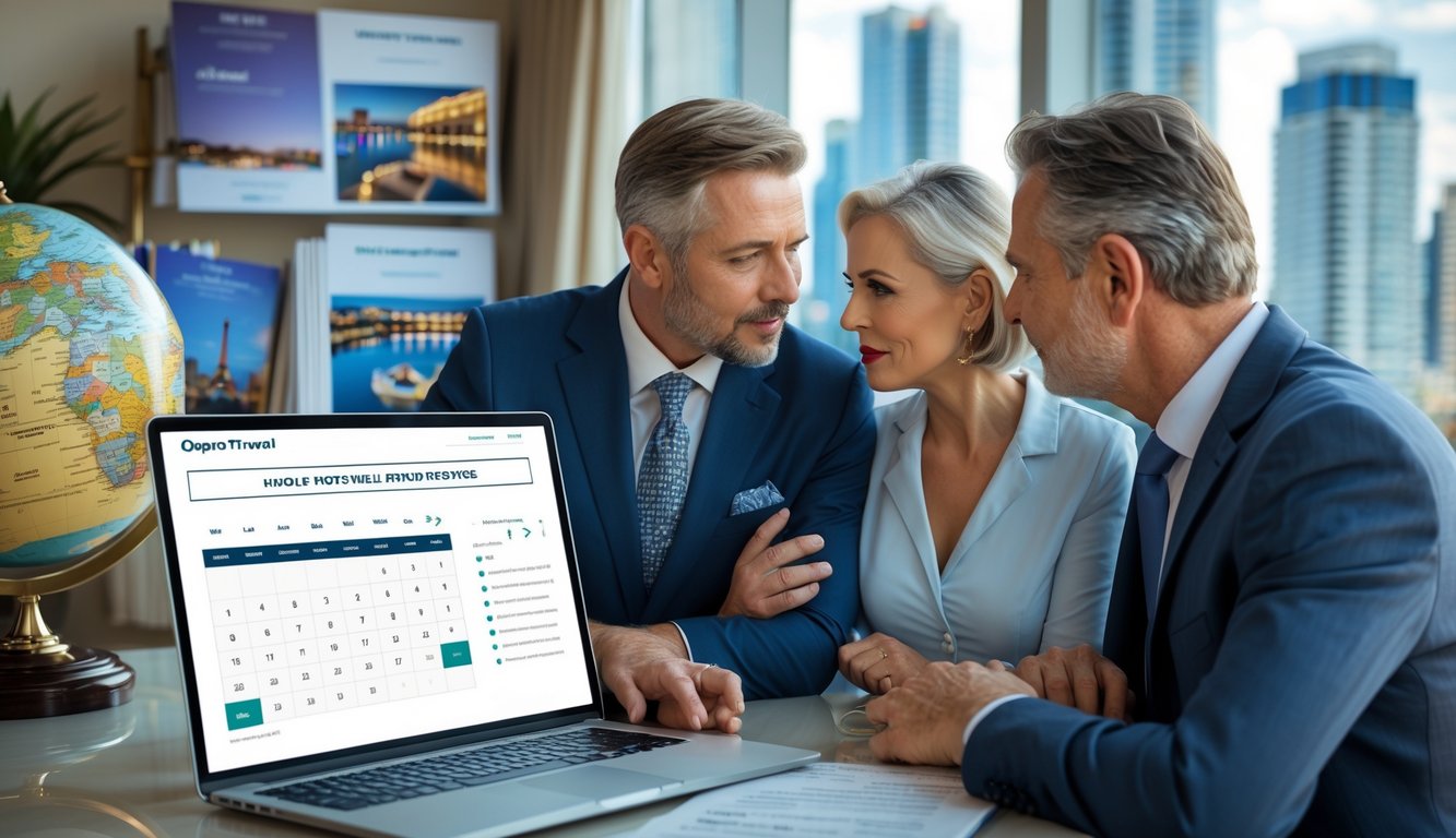 A travel agent talks with a couple at a desk, looking at a laptop showing a luxury hotel booking site with marked dates, in a bright office with travel brochures and a city view.