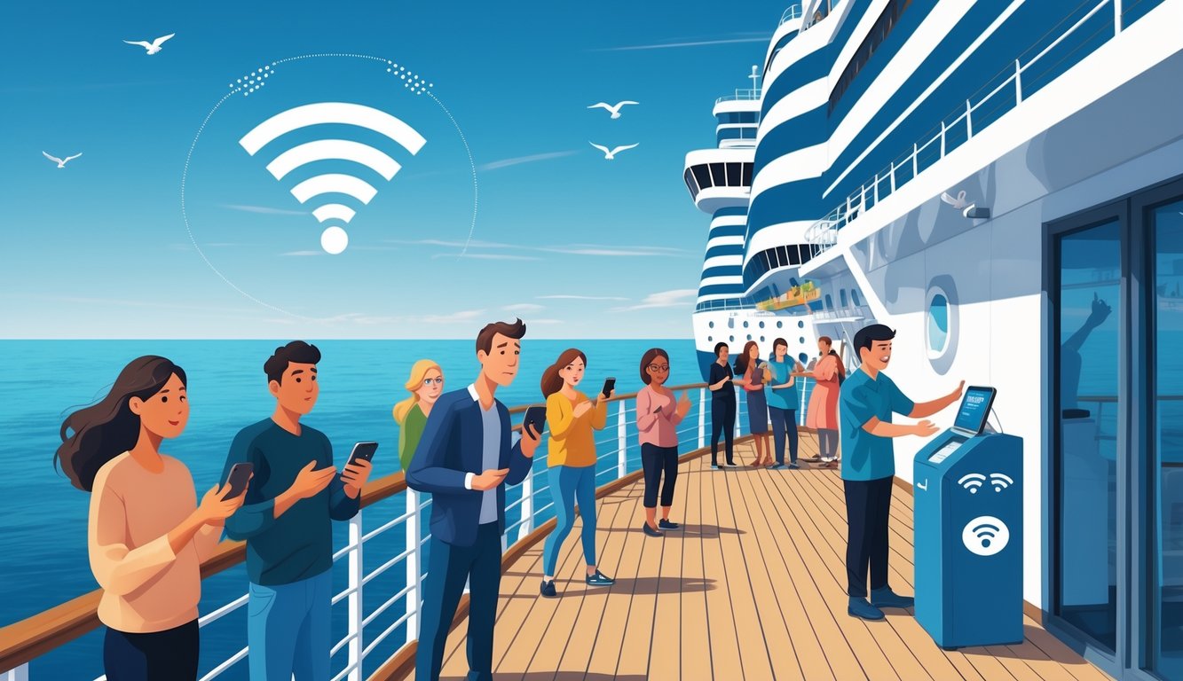 Passengers on a cruise ship reacting with frustration while using devices, with a staff member collecting payment at a Wi-Fi kiosk on the deck.