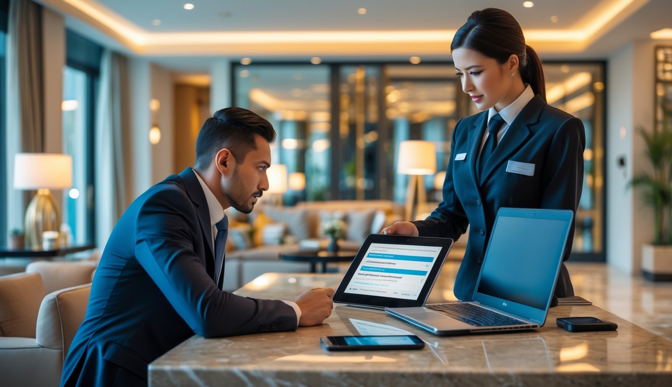 A business traveler talks with a hotel staff member at a luxury hotel reception desk, with a laptop and smartphone nearby and a hotel suite visible in the background.