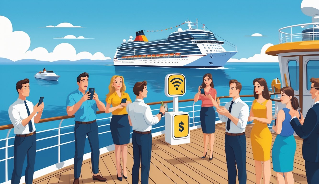 Cruise guests on a ship deck looking at their devices with concerned expressions while staff discuss Wi-Fi fees.