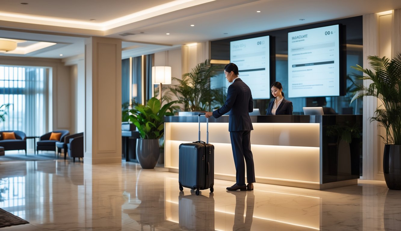 A hotel lobby with a receptionist helping a traveler with luggage in an elegant setting.