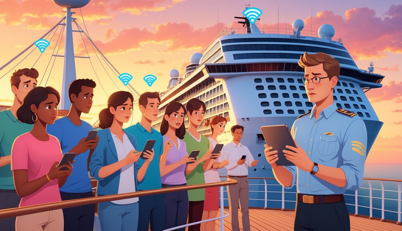 Passengers on a cruise ship deck looking concerned while a cruise line staff member talks to them, with communication equipment visible in the background.