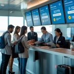 Travelers at an airport customer service counter speaking with airline staff, with flight information screens and airplanes visible through large windows.