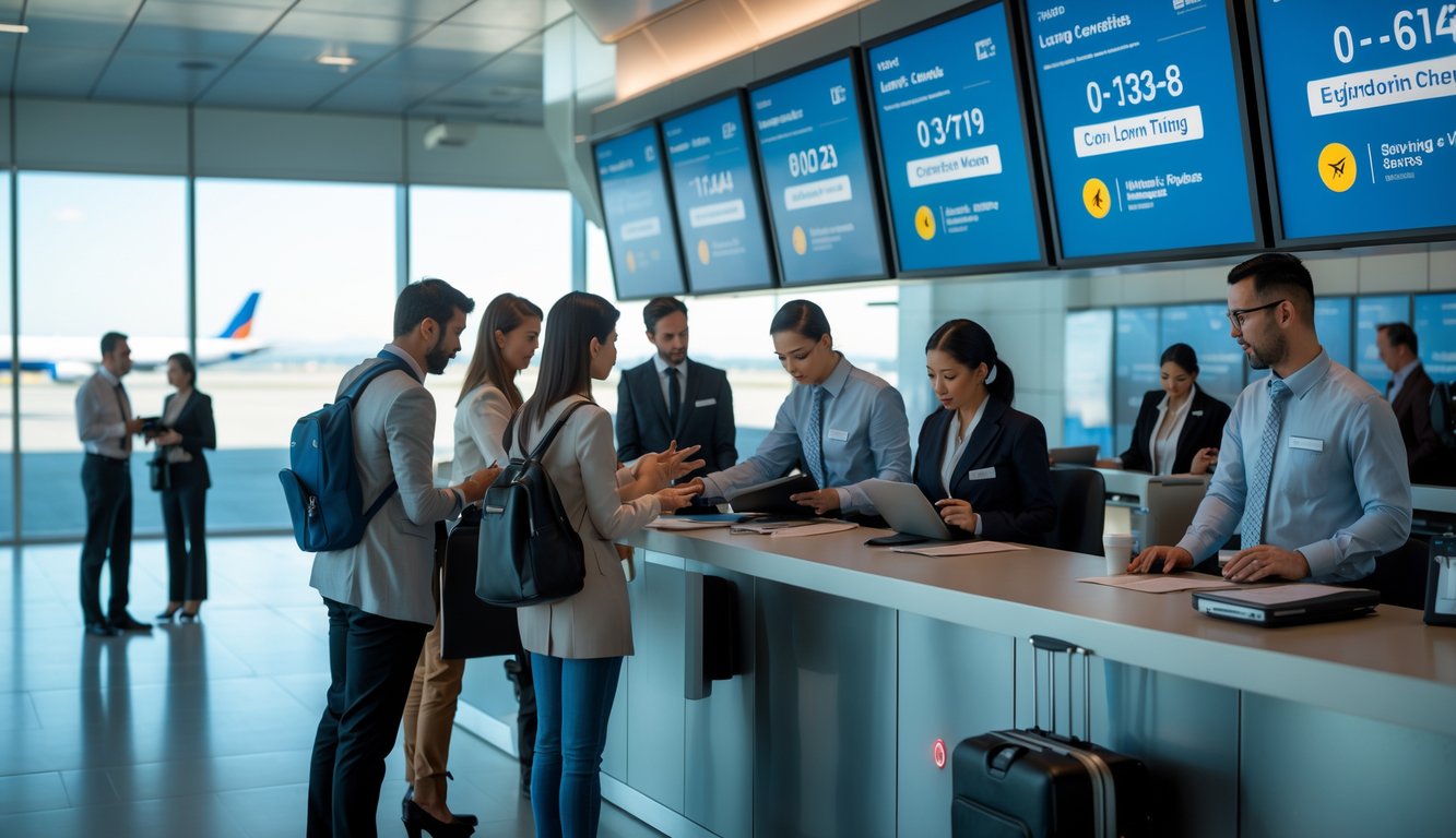 Travelers at an airport customer service counter speaking with airline staff, with flight information screens and airplanes visible through large windows.