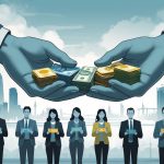 People holding foreign currencies look concerned while large hands exchange different currencies above a cityscape representing multiple countries.