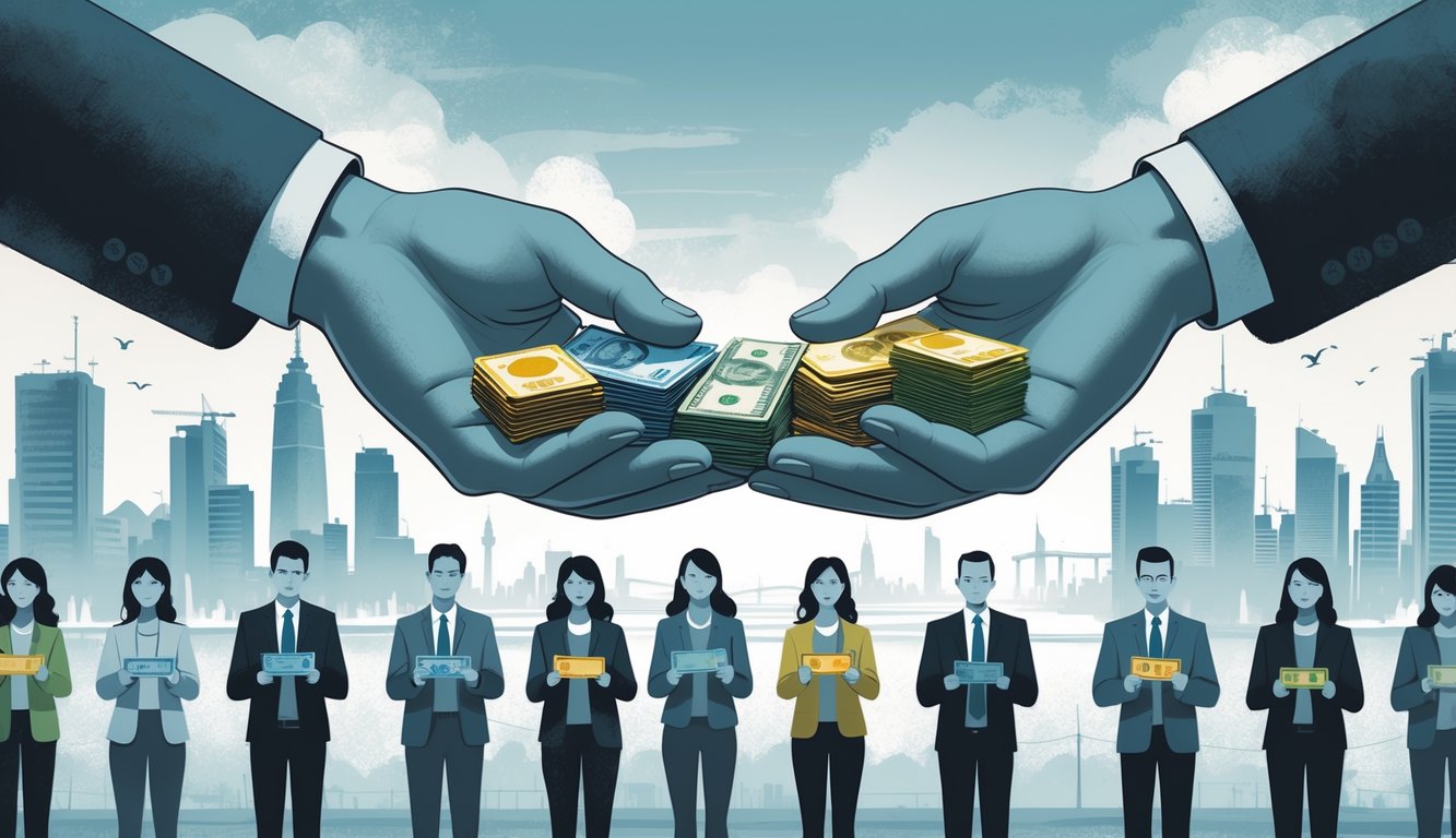People holding foreign currencies look concerned while large hands exchange different currencies above a cityscape representing multiple countries.