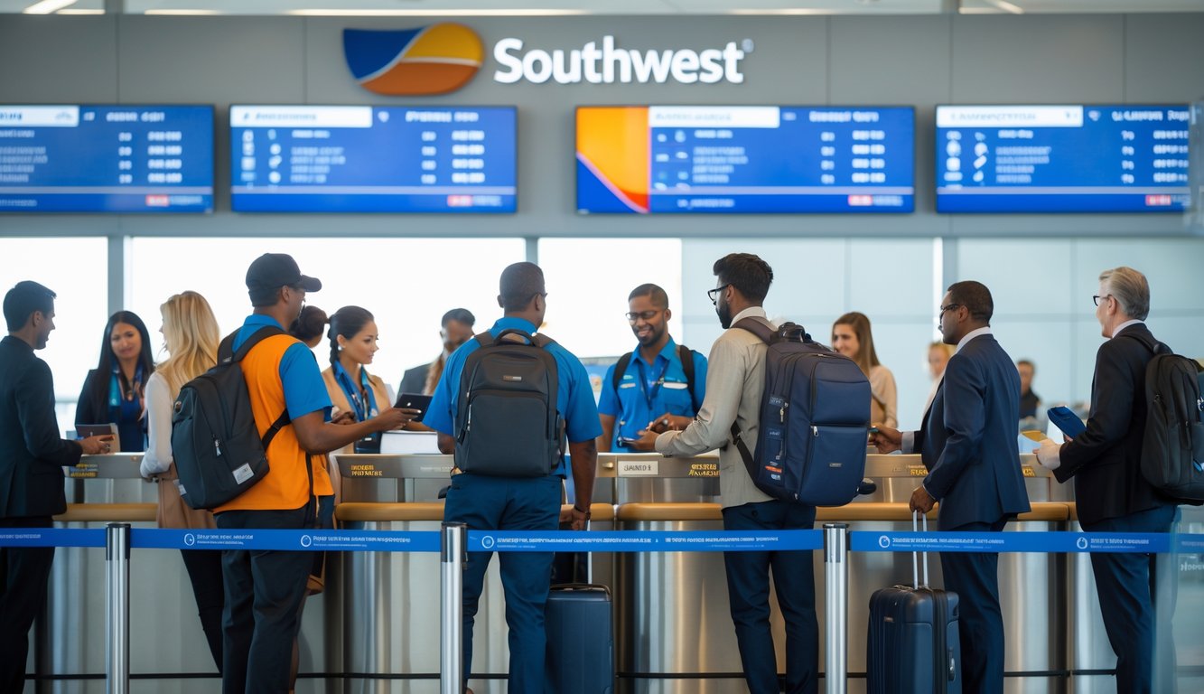 Travelers checking in at a Southwest Airlines counter in a busy airport terminal with flight information displays in the background.