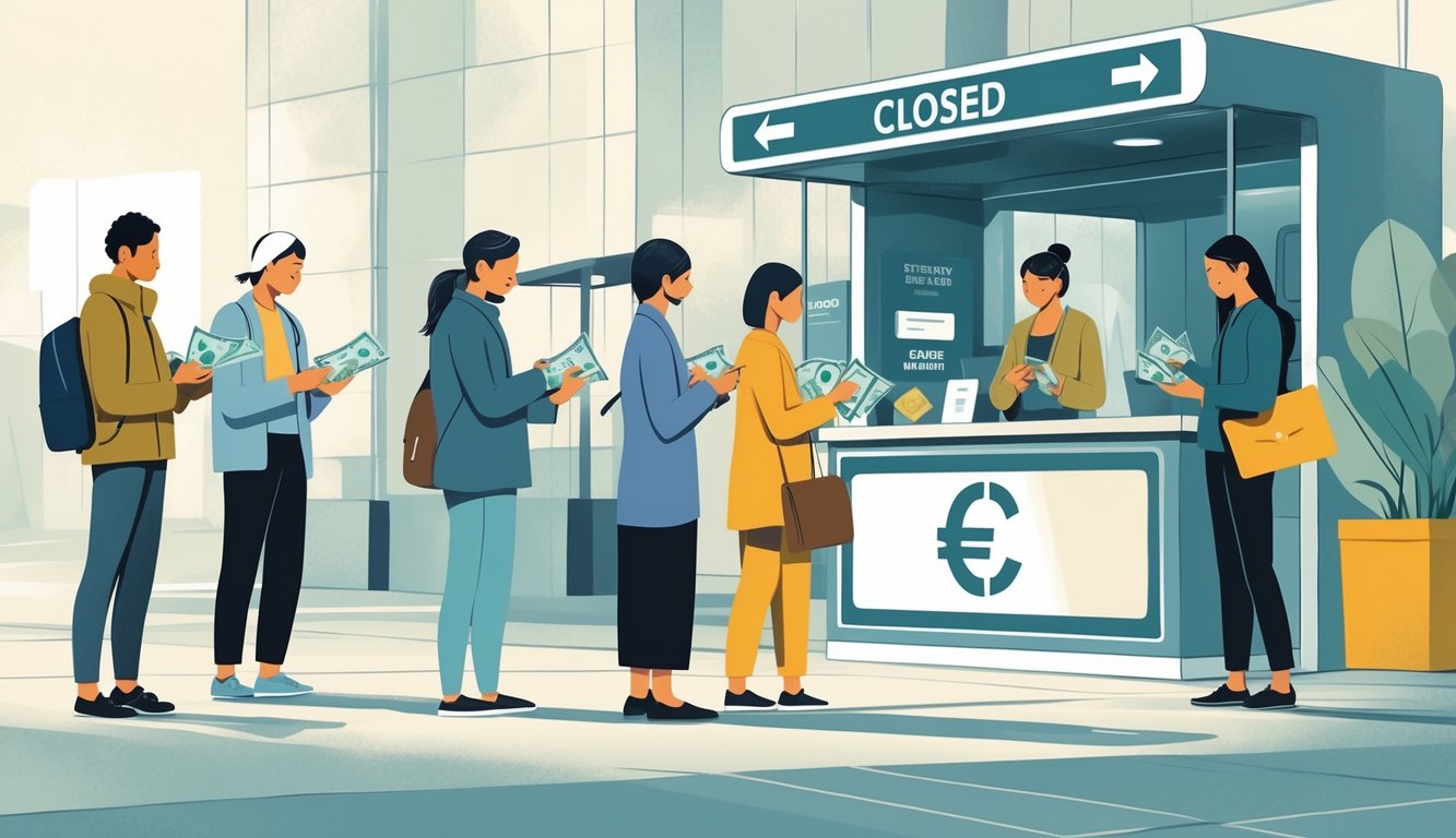 People quietly exchanging foreign currency in a city setting near a closed currency exchange booth.