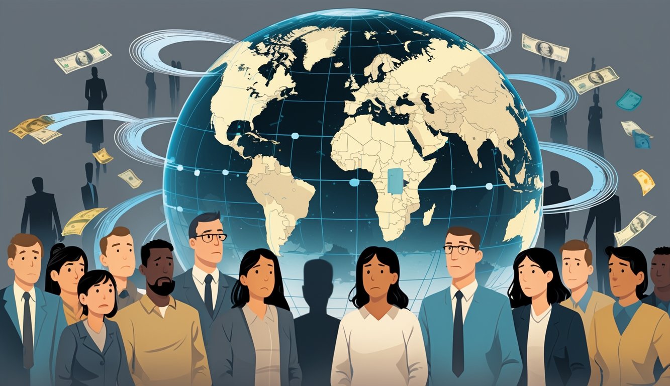 A globe surrounded by flowing currencies with invisible barriers stopping them, while local people look surprised and shadowy figures watch from behind.