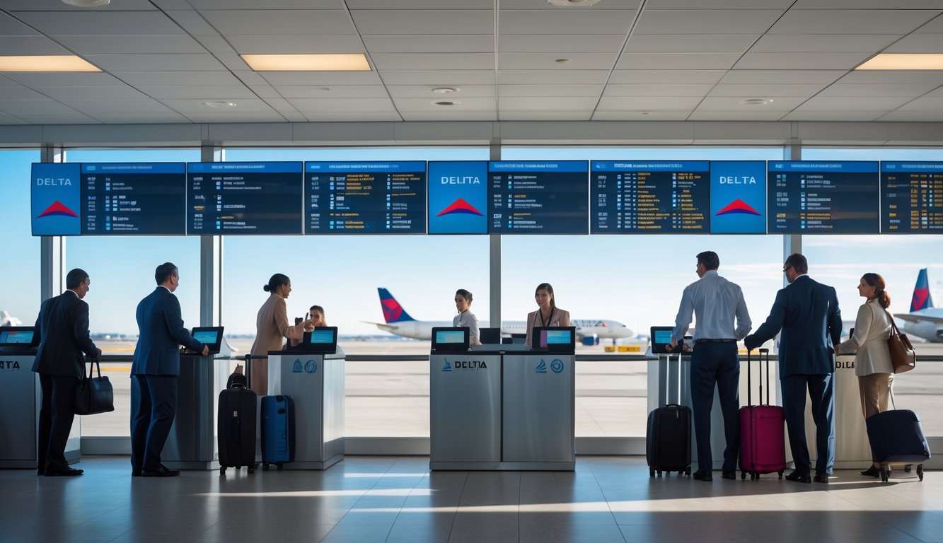 Travelers checking in at an airport counter with airline staff and airplanes visible outside.