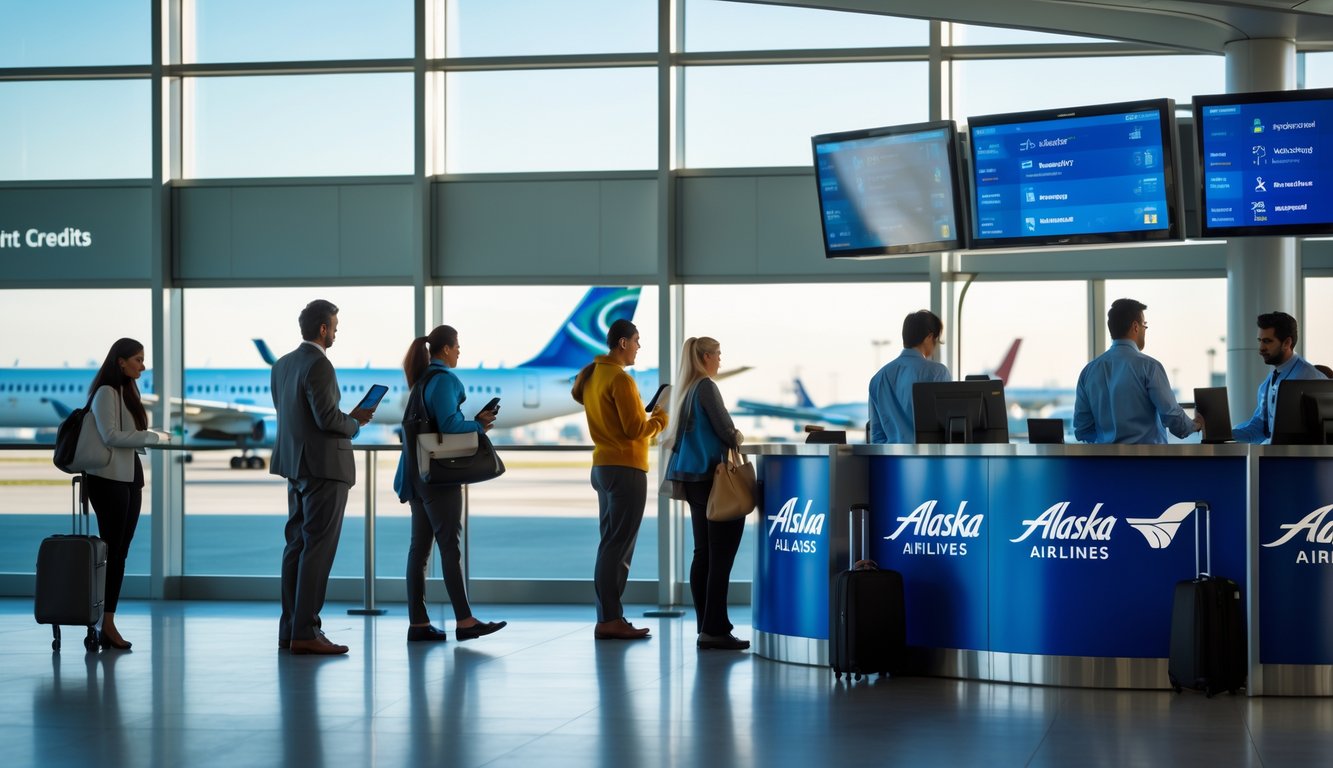 Travelers interacting with airline staff at an airport terminal with airplanes visible outside the large windows.