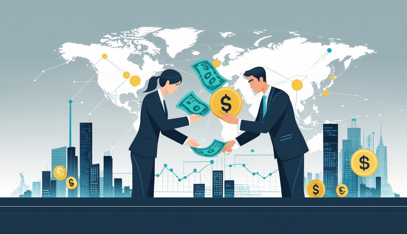 Two business professionals quietly exchanging currency and data with financial charts and global cityscapes in the background.