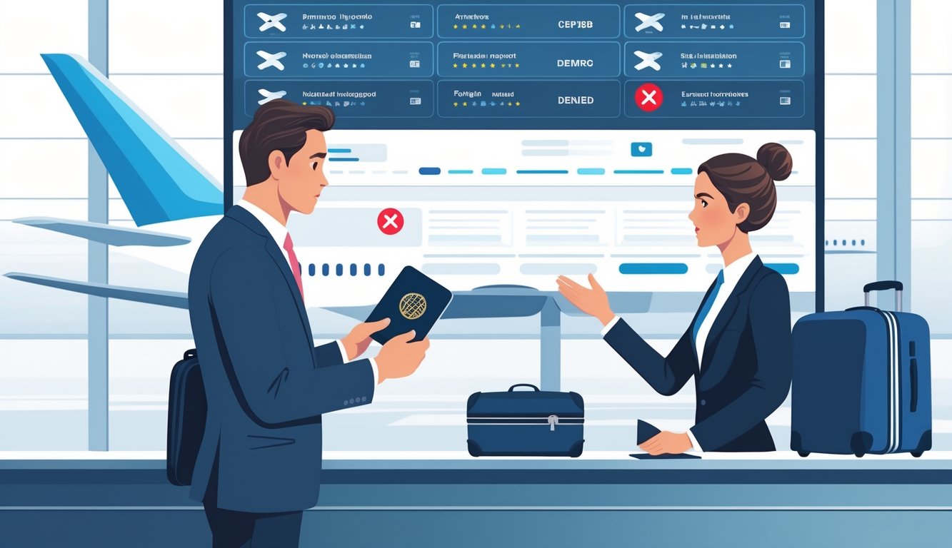 A traveler at an airport check-in counter looks concerned while speaking with an airline agent, with flight information screens and symbols indicating denied insurance coverage in the background.