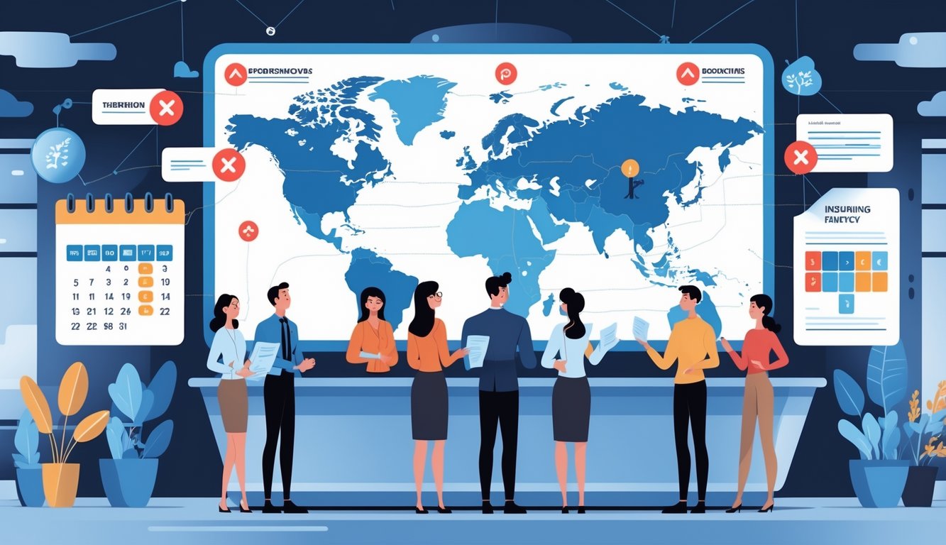 Travelers at a travel agency counter looking concerned while agents explain booking documents, with a world map and icons showing denied bookings and insurance gaps.